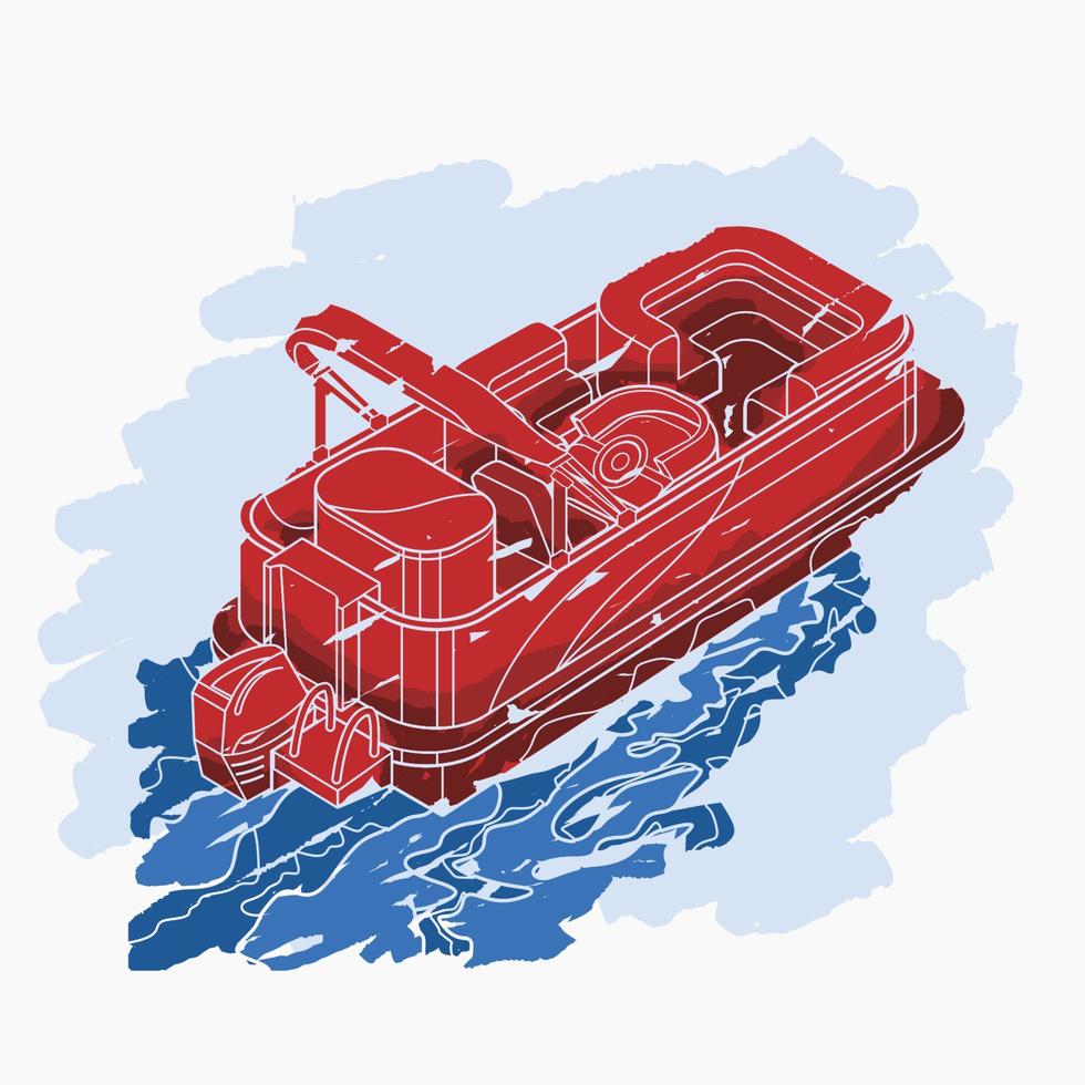 vista oblicua superior de tres cuartos aislada editable trazos de pincel plano estilo barco de pontón en la ilustración de vector de agua ondulada para el elemento de arte de transporte o diseño relacionado con la recreación