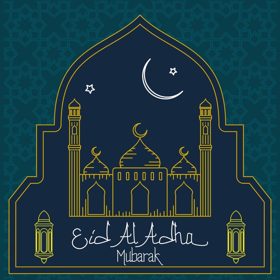 Editable Mosque with Night Sky Scene Vector Illustration and Arabian Lanterns in Outline Style on Patterned Background for Artwork Elements of Eid Al-Adha or Islamic Holy Festival Design Concept