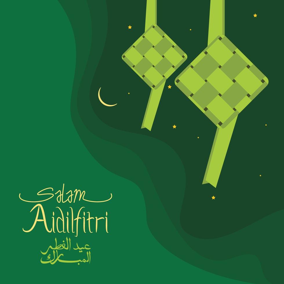 Editable Aidilfitri Concept With Arabic Script of Eid Al-Fitri Mubarak and Hanging Indonesian or Malaysian Ketupat Vector Illustration on Night Sky for Islamic Holy Festival Design