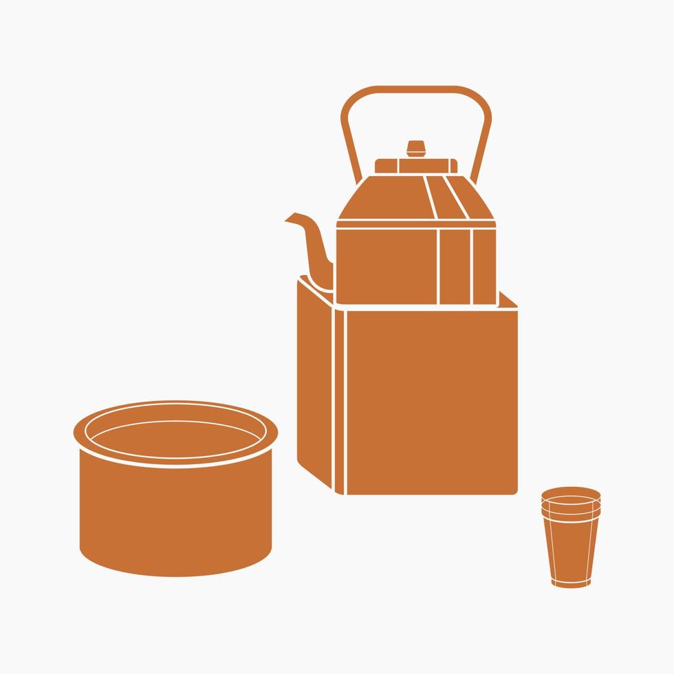 Editable Masala Chai Tea in A Glass Mug with Metal Kettle on Stove and Saucepan Vector Illustration in Monochrome Style for Artwork Element of Beverages With South Asian Culture and Tradition Design