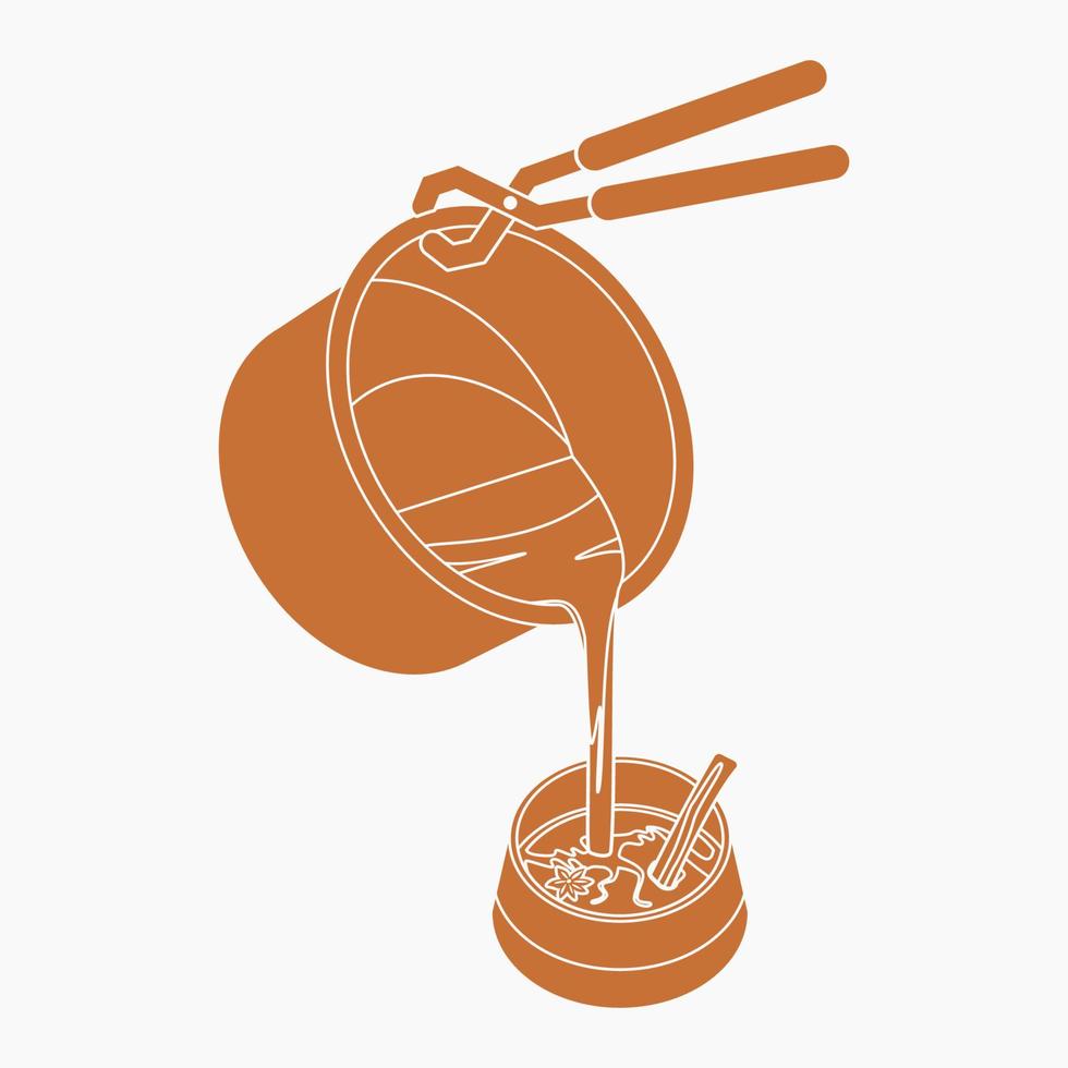 Editable Three-Quarter Top View Vector Illustration of Pouring Masala Chai from Pan into Pottery Cup in Monochrome Style for Artwork Element of Beverages With South Asian Culture and Tradition Design