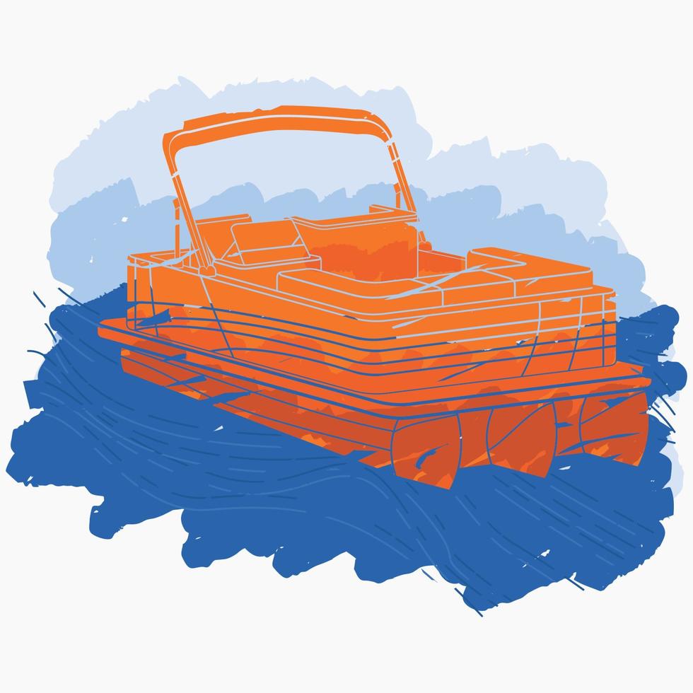 Editable Isolated Flat Brush Strokes Style Three-Quarter Top Oblique View Pontoon Boat With Water and Sky Vector Illustration for Artwork Element of Transportation or Recreation Related Design
