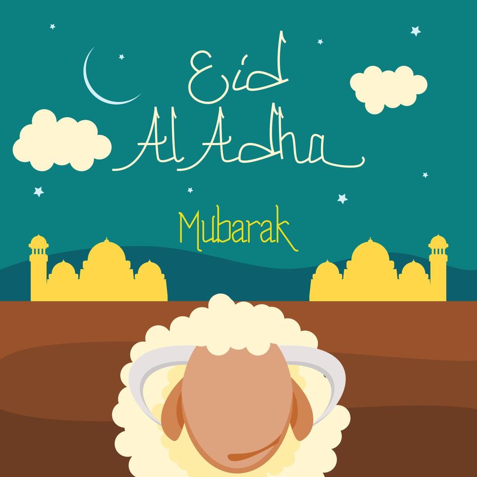 Editable Vector of Sheep with Mosque Silhouette and Cloudy Night Sky Scene Illustration in Flat Style for Artwork Elements of Eid Al-Adha or Islamic Holy Festival Design Concept