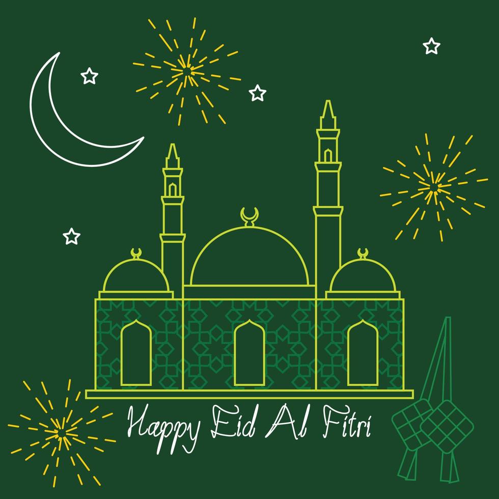 Editable Eid Al-Fitri Mubarak Mosque Silhouette Vector Illustration in Outline Style With Fireworks and Indonesian or Malaysian Ketupat for Artwork Element of Islamic Holy Festival Design Concept