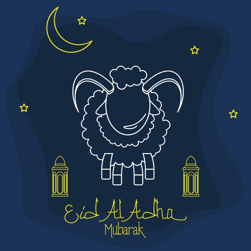 vector editable de ovejas y linternas árabes de pie en estilo de contorno con ilustración de escena de cielo nocturno estrellado enmarcado para elementos de arte de eid al-adha o concepto de diseño de festival sagrado islámico