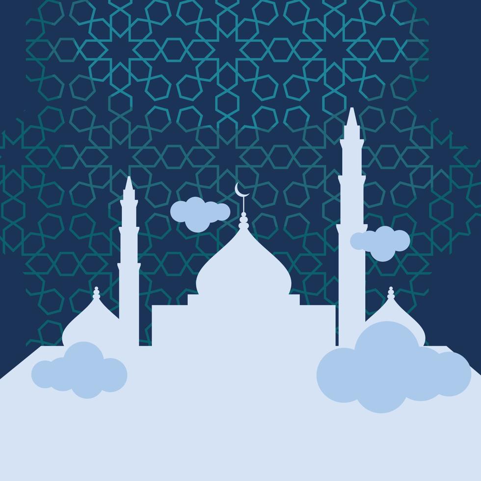 Editable Vector of Cloudy Mosque Silhouette Illustration in Flat Style on Patterned Background for Artwork Elements of Muharram Hijri New Year or Islamic Holy Festival Design Concept