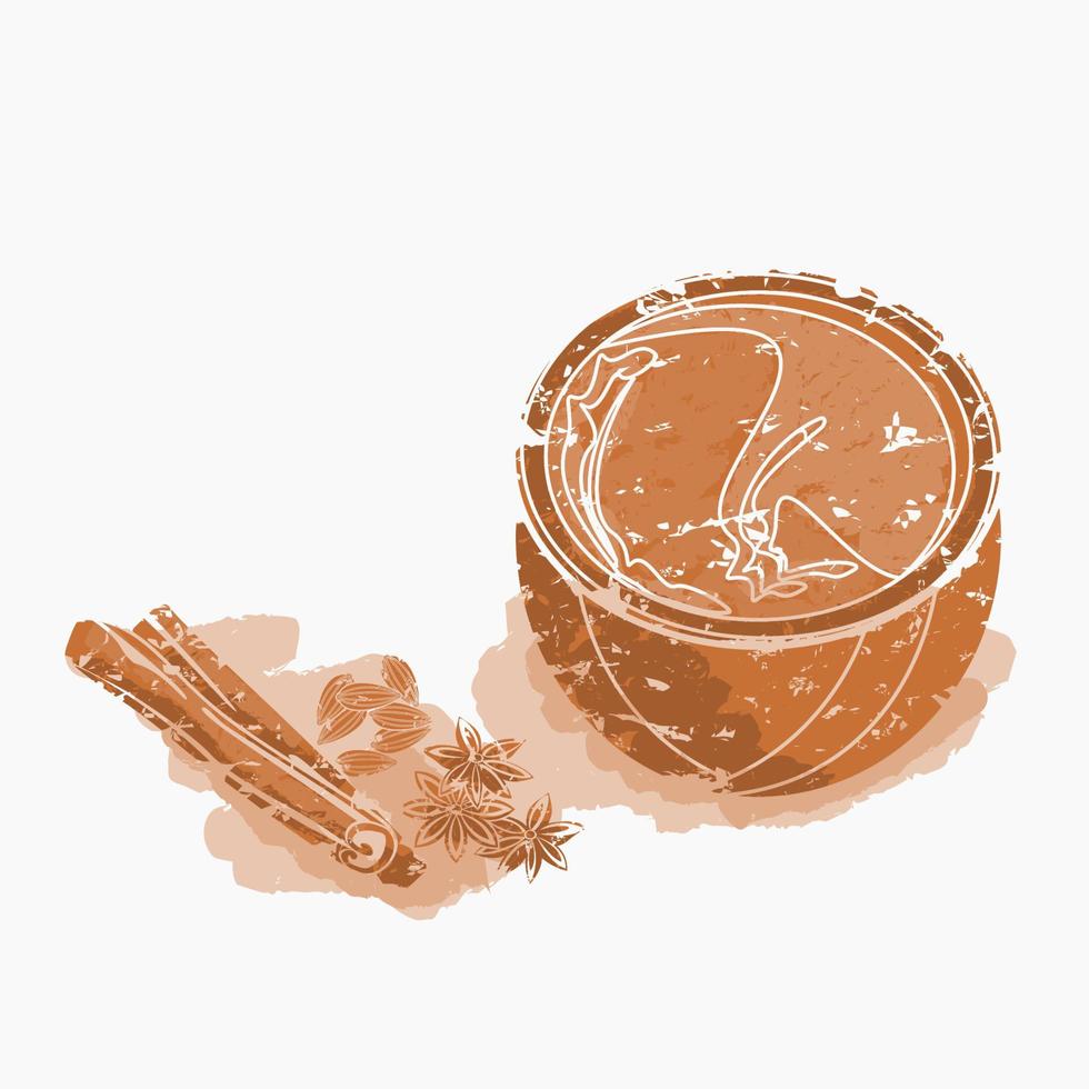 vista lateral superior aislada editable trazos de pincel estilo masala chai en un tazón con una variedad de especias de hierbas ilustración vectorial para obras de arte de diseño relacionado con bebidas con la cultura y la tradición del sur de Asia vector