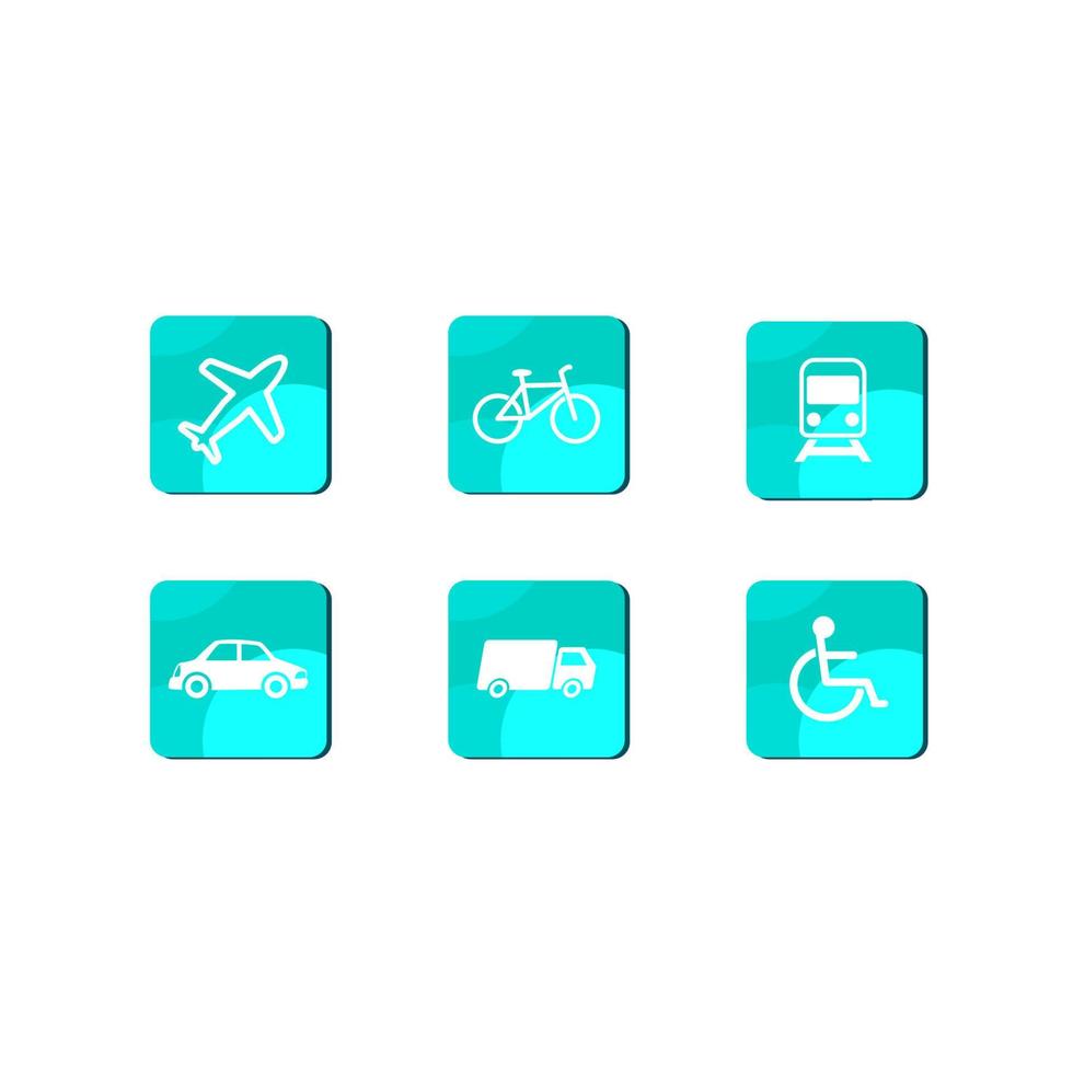 six logos set of means of transportation, planes, trucks, cars, bicycles, wheelchairs, trains. vector