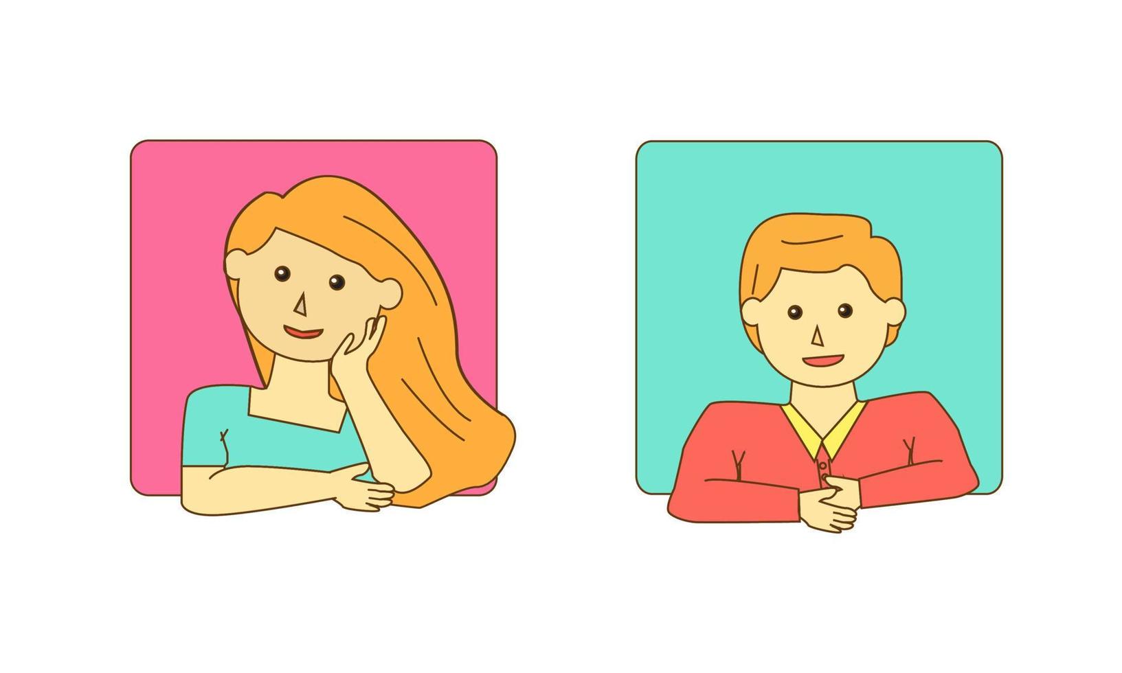 male and female characters in a minimalist box, vector illustration