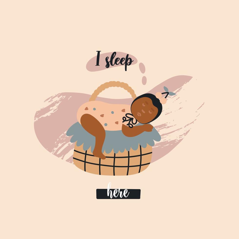 imprime a un bebé recién nacido durmiendo en una canasta. baby shower nursery escandinavo boho ilustración. Letras duermo aquí. vector bohemio plano sobre fondo neutro