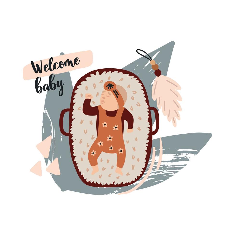 Sleeping newborn baby in a basket with decorations. Baby Shower Nursery Scandinavian Boho illustration. Lettering Welcome baby. Flat bohemian vector on neutral background