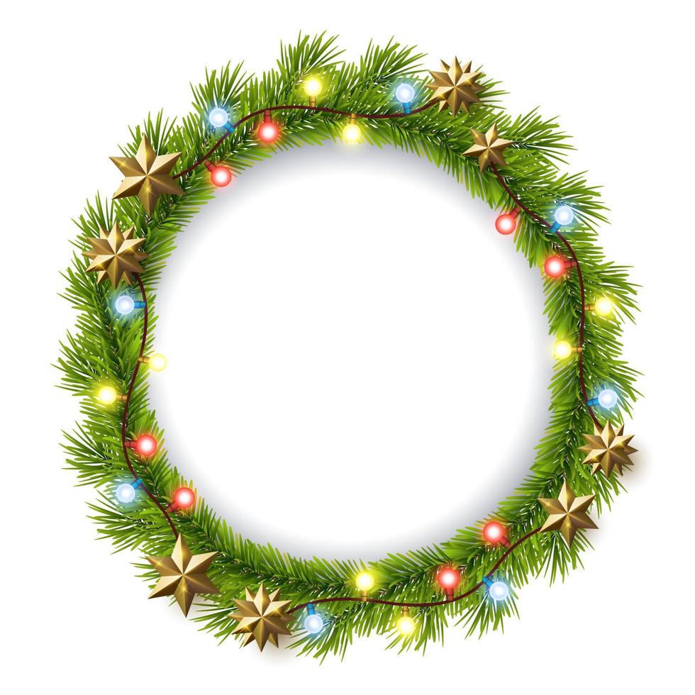 fir circle frame with lights and stars decoration vector