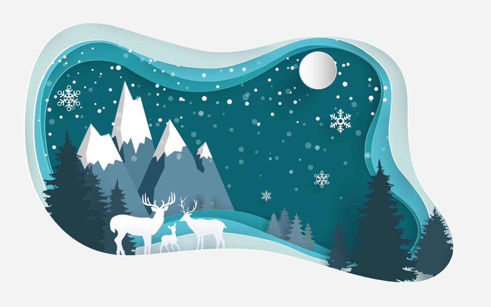 deer in the middle of the snowy pine forest. paper cut design vector