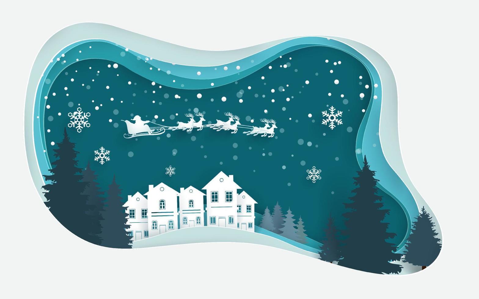 santa claus volando sobre la colina nevada y la casa. diseño de corte de papel vector