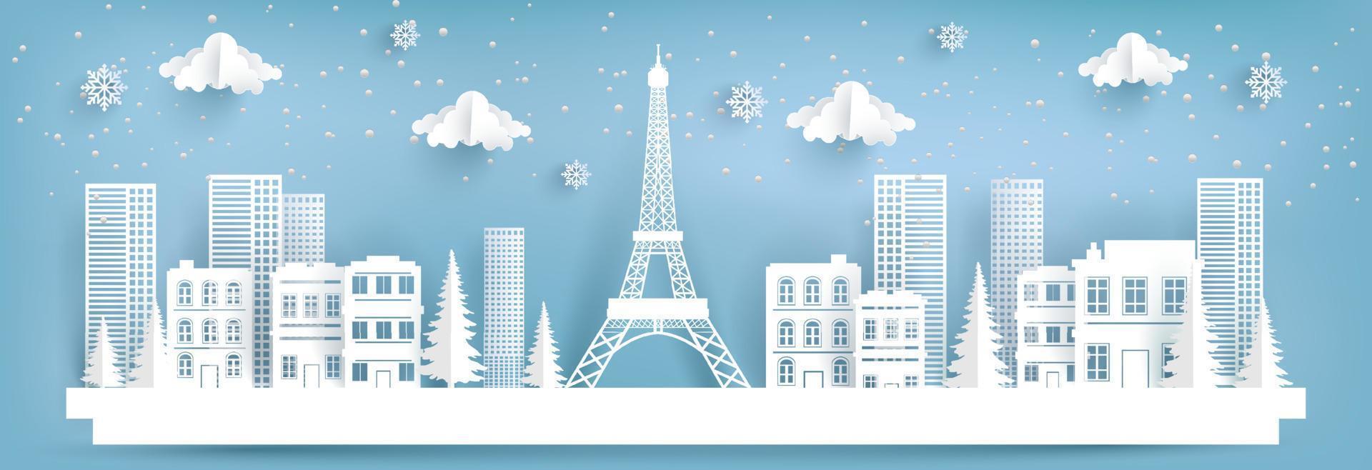 eifel tower and city in winter. paper art design. vector