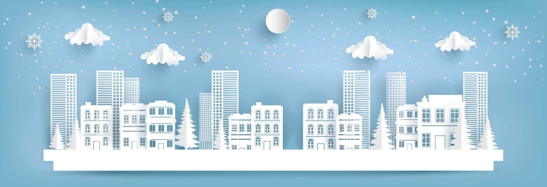 city in winter. paper cut design vector