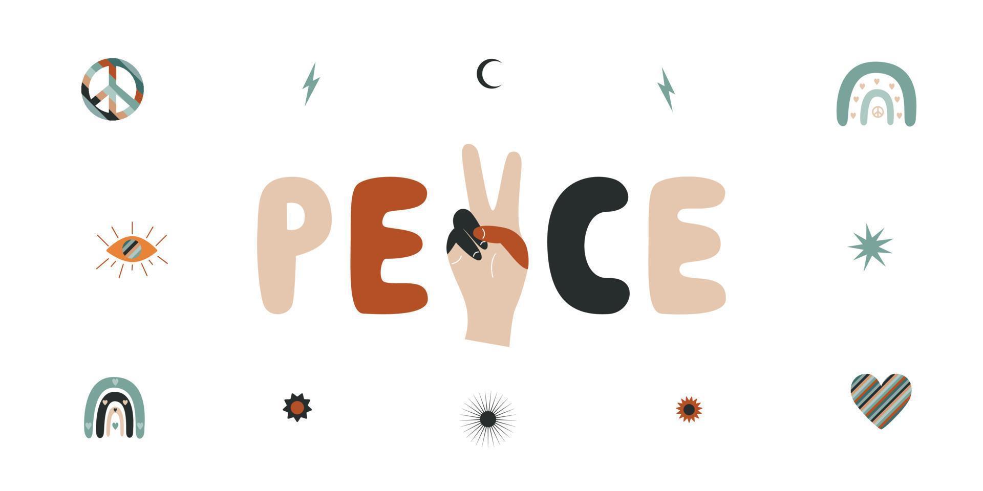 Flat vector hippy boho illustration. Hand drawn retro groovy elements and peace lettering