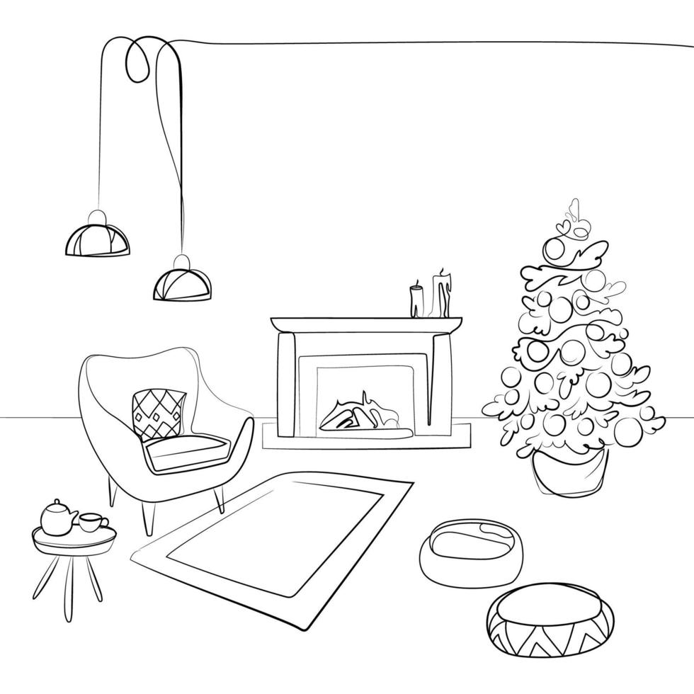 Diseño de interiores de Navidad en la sala de estar con chimenea, árbol de Navidad y dibujo de líneas vectoriales de sillón cómodo, boceto en blanco y negro. ambiente acogedor en la casa. interior moderno con chimenea vector