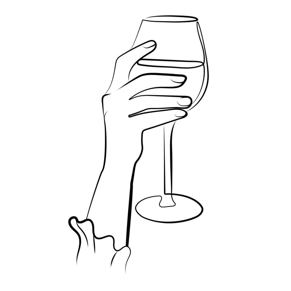 mano de mujer sosteniendo vino de vidrio u otra bebida, dibujo de línea simple vector ilustración aislada. copa de vino en la mano.elemento de diseño para impresión de moda, tarjetas de felicitación, postales, plantilla de arte de línea