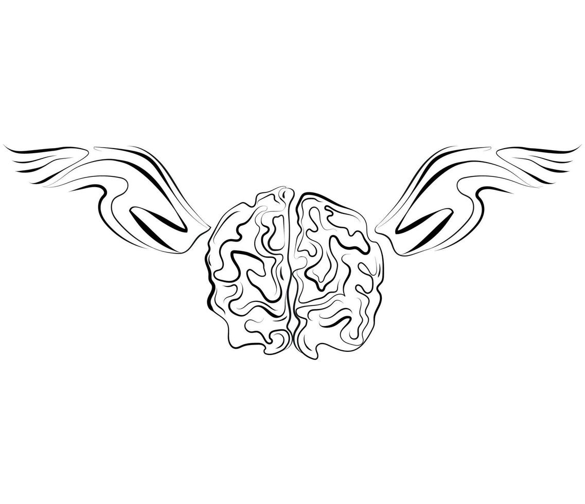 Flying brain with wings line drawing, vector logo, icon, design template. Free mind,emblem,tattoo,fashion print design,hand drawing.Imagination,brain and bird wings. sketch ink.