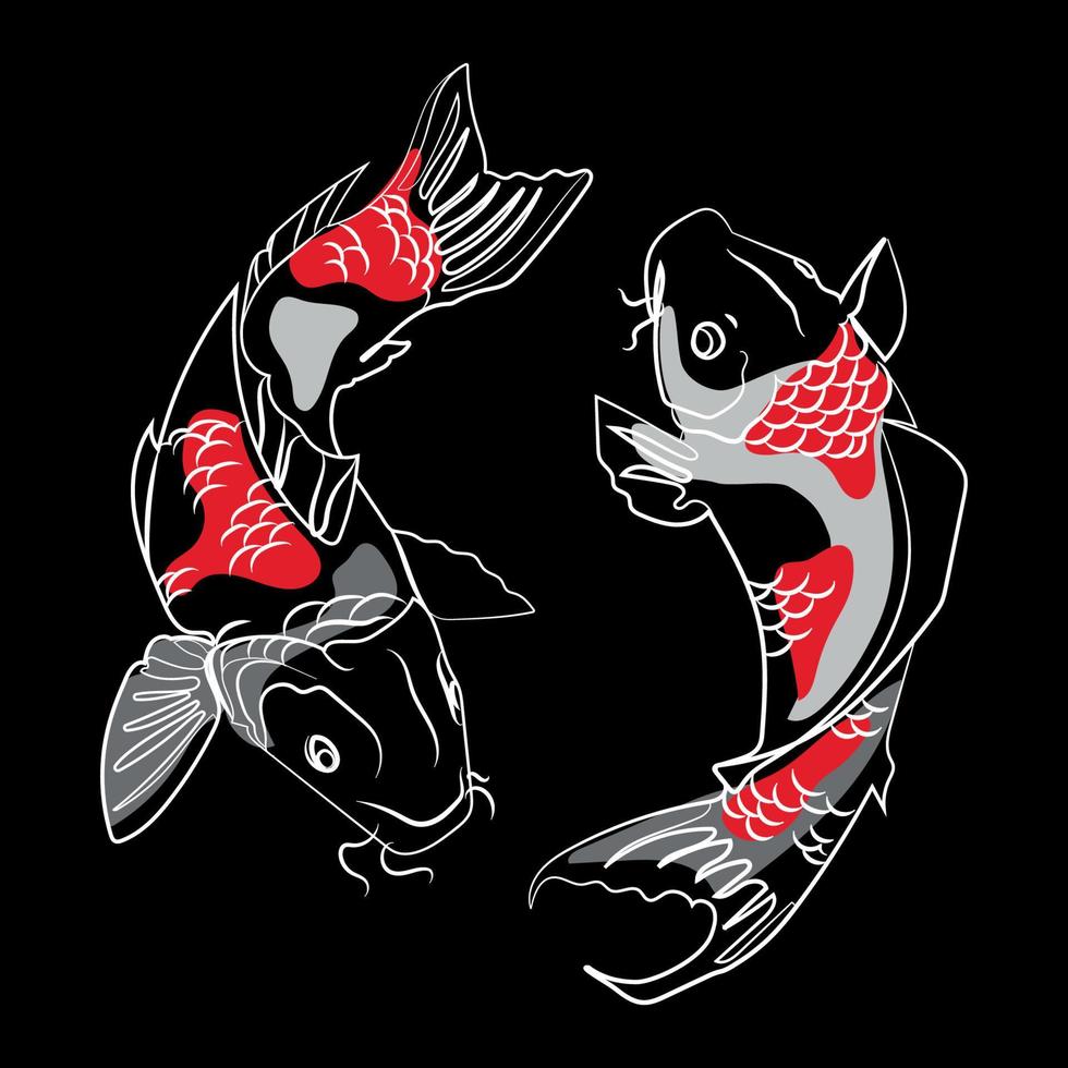 Two Japanese koi carp fishes line drawing, with red and gray abstract shapes and Minimal art design, on black background Vector illustration.Designs for T shirts,Tattoos,Stickers,Logo or Posters