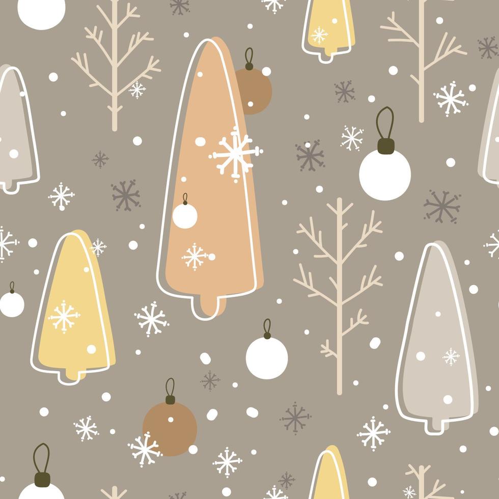 patrón de navidad simple y transparente con árboles de navidad variados, decoraciones navideñas y copos de nieve en estilo escandinavo vector.fondo de feliz año nuevo.diseño para vacaciones de invierno en colores naturales pastel vector