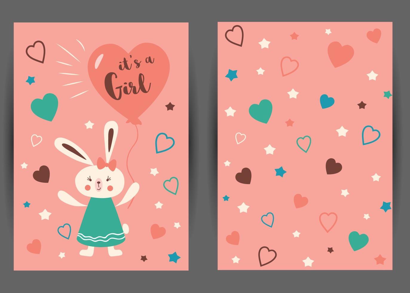 Its a girl Set of pink card templates for invitations. Baby girl Rabbit with heart balloon. Cute starry pink background. Invite banner for party baby shower children birthday. Vector illustration.