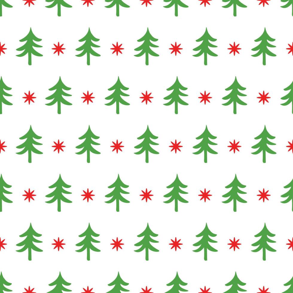 Classic retro seamless Christmas pattern with tree, sbowflake for wrap gift. Traditional green, red color. New Year background decorated snowflakes, Christmas tree. Vector winter design for wallpaper.
