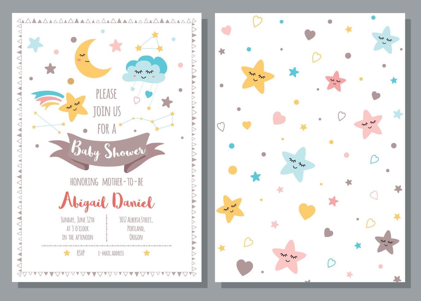 Baby shower invitation template for baby girls boys Cute sky stars cloud moon rainbow with eyes Set of 2 cards Starry design elements Baby arrival Children and drawn background Vector illustration.