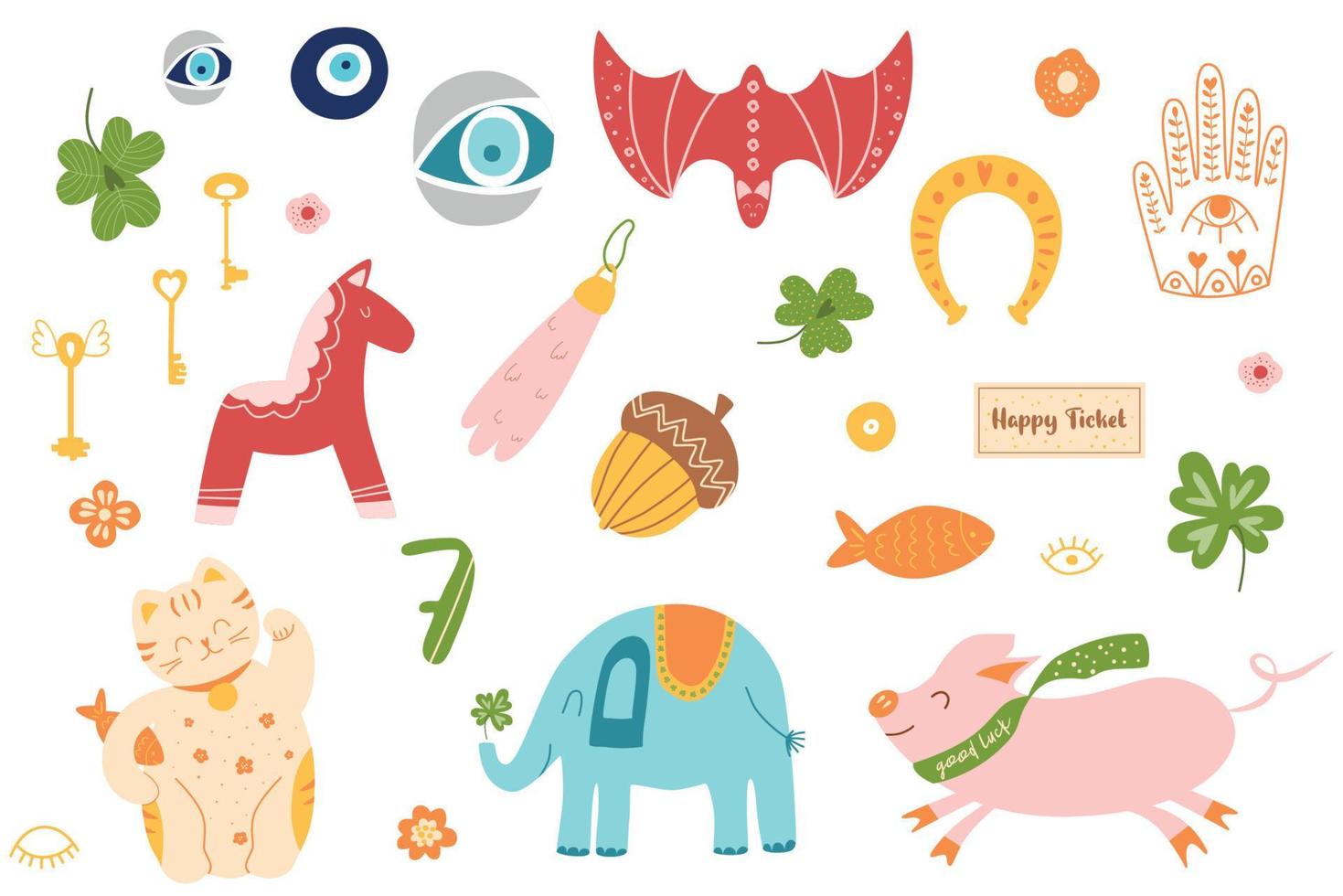 Good fortune symbol set. China cat Maneki Neko, horseshoe, clover, dala horse, evil eye, lucky red bat, amulet hamsa, rabbit foot talisman. Lucky symbol clipart. Isolated element. Vector illustration.