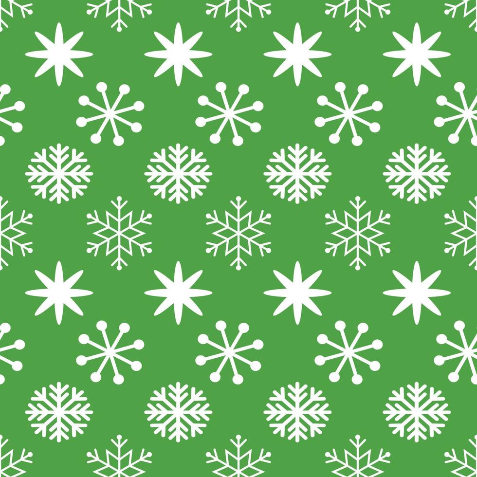 Green Christmas seamless pattern with cute white snowflakes. New Year background for wallpaper, fabric, textile, packaging, gift, template, banner, print, wrap paper. Winter snowy vector illustration