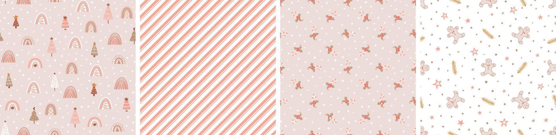 Pink Christmas pattern set. Pastel winter seamless pattern collection Christmas candy canes, gingerbread cookies, tree stipes New Year background print wallpaper. Vector illustration. Christmas paper