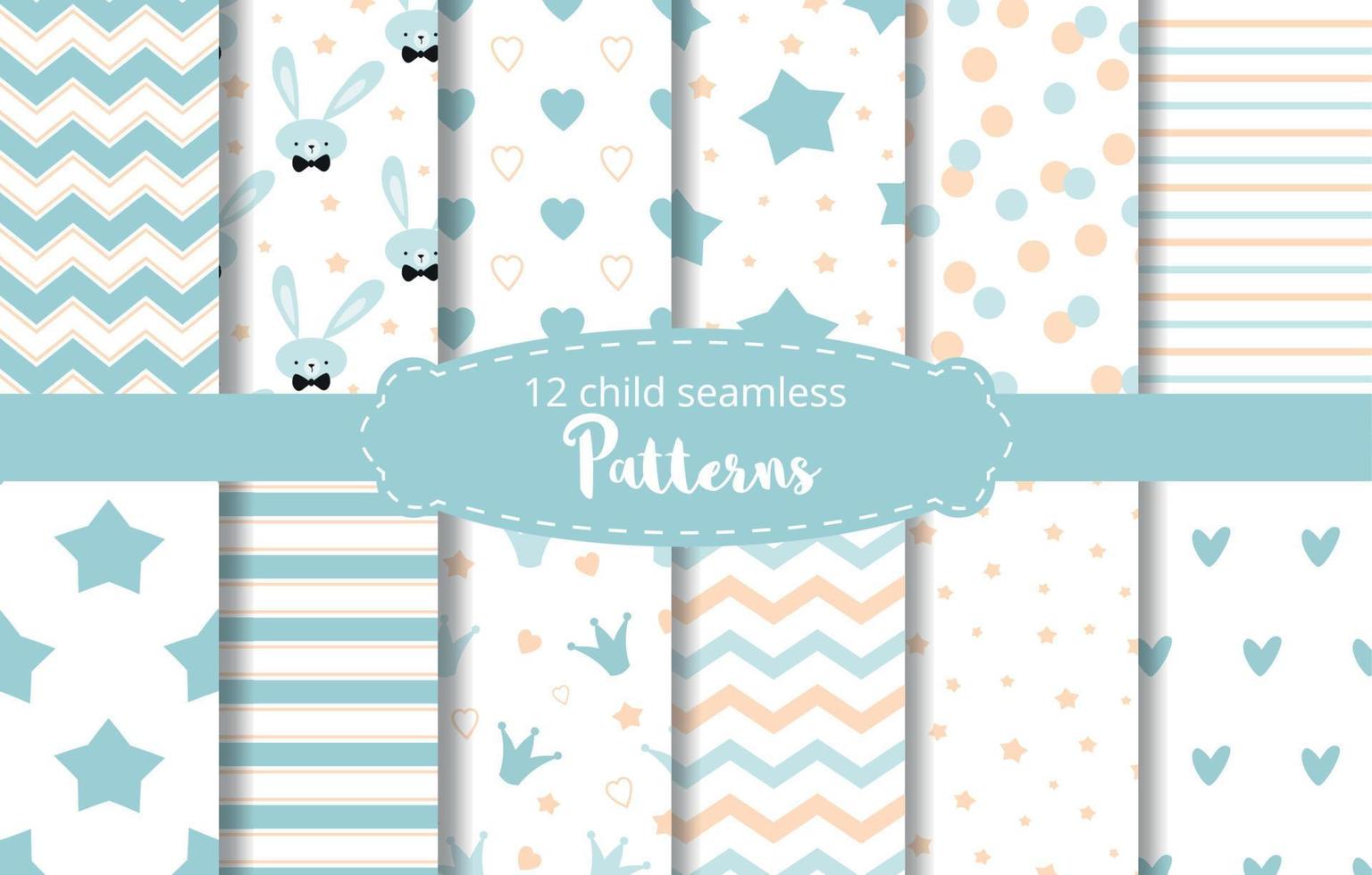 Blue background Set of seamless delicate geometric patterns with stars crowns zig zag ornament rabbit bunny dotted hearts stripes Endless texture for wallpaper web cloth design fabric Baby boy vector. vector