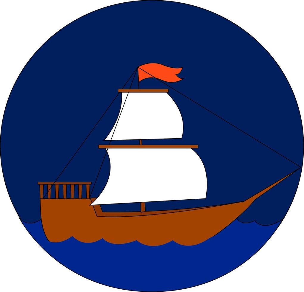 Ship sailing at night, illustration, vector on white background.