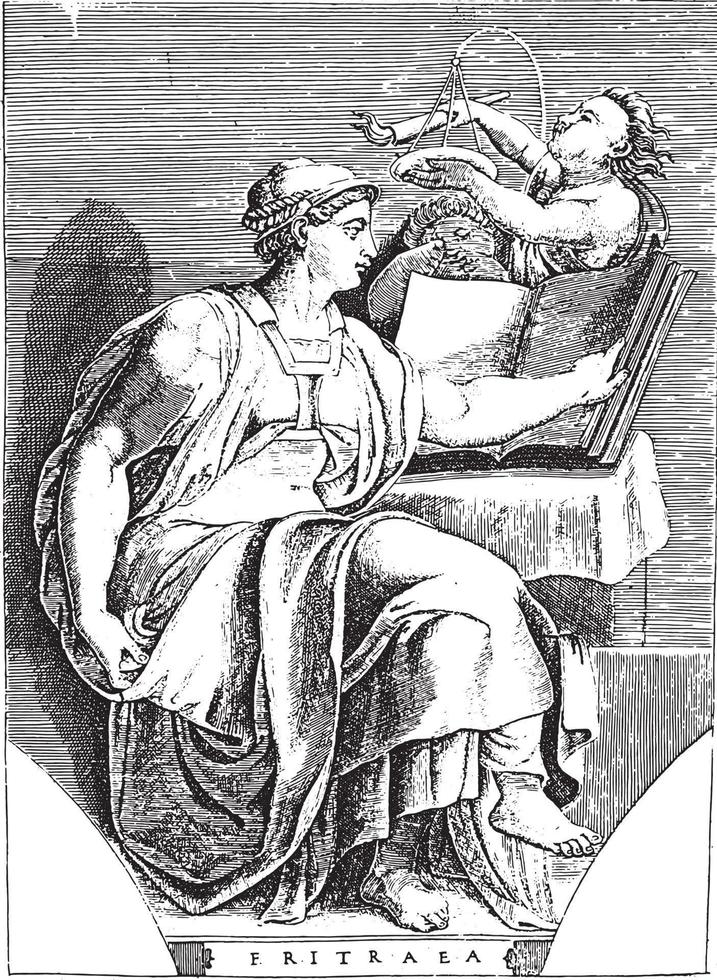 Sibyl of Erythrae, Adamo Scultori, after Michelangelo, 1585, vintage illustration. vector