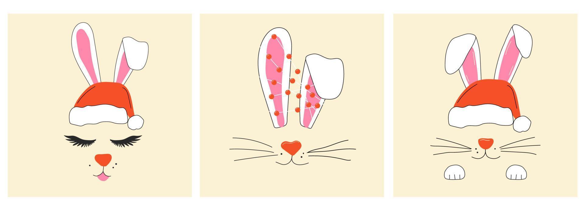 Set of three faces of a cute Christmas rabbits with a garland.Vector in cartoon style. All elements are isolated vector