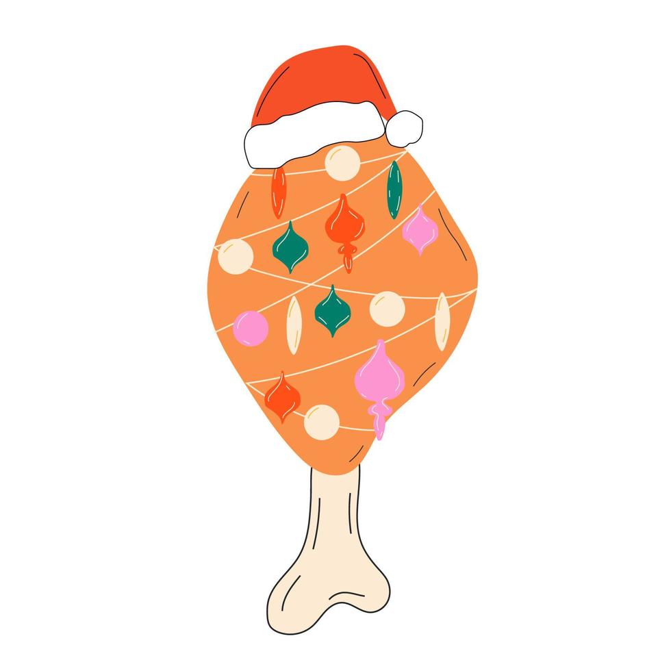 una pierna de pollo navideña festiva con un gorro de Papá Noel y una guirnalda. vector