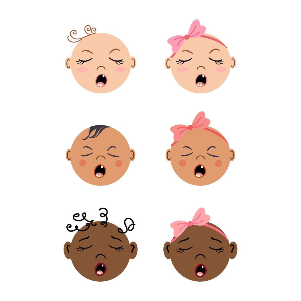 Newborns frontal portraits with different emotions. Set of Multiracial baby faces. Tiny boys and girls. Flat style hand drawn vector illustrations.