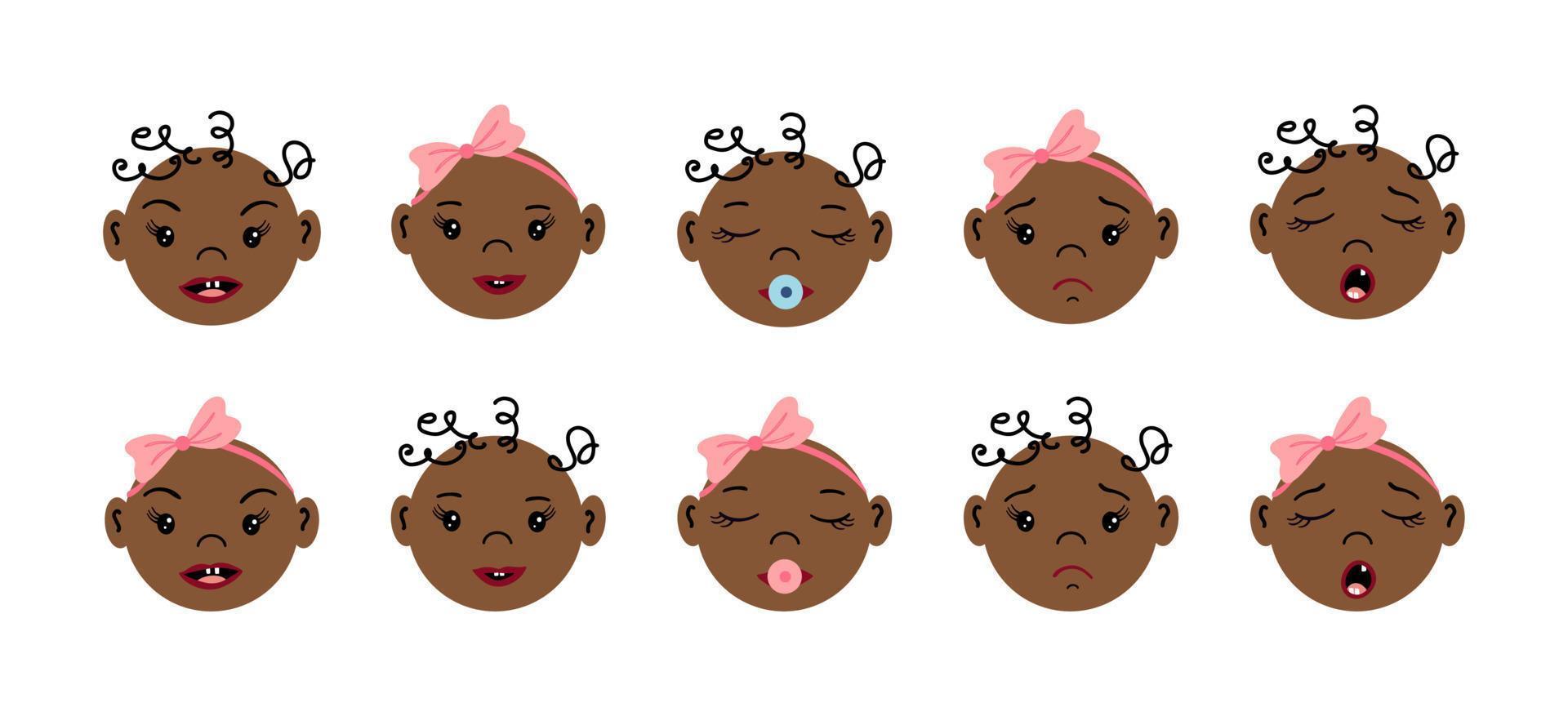 Newborns frontal portraits with different emotions. Set of African or American baby faces. Tiny boys and girls. Flat style hand drawn vector illustrations.