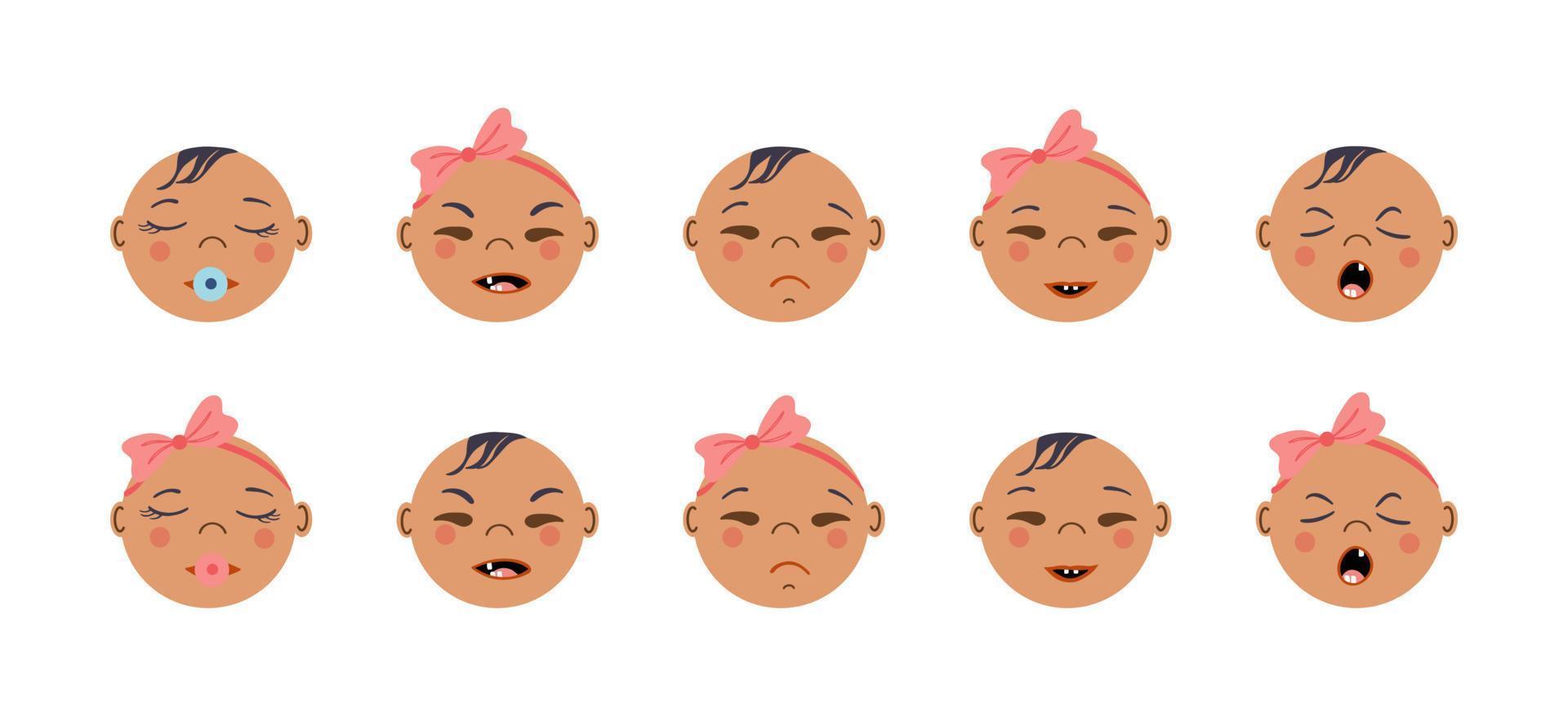 Newborns frontal portraits with different emotions. Set of Asian or American baby faces. Tiny boys and girls. Flat style hand drawn vector illustrations.