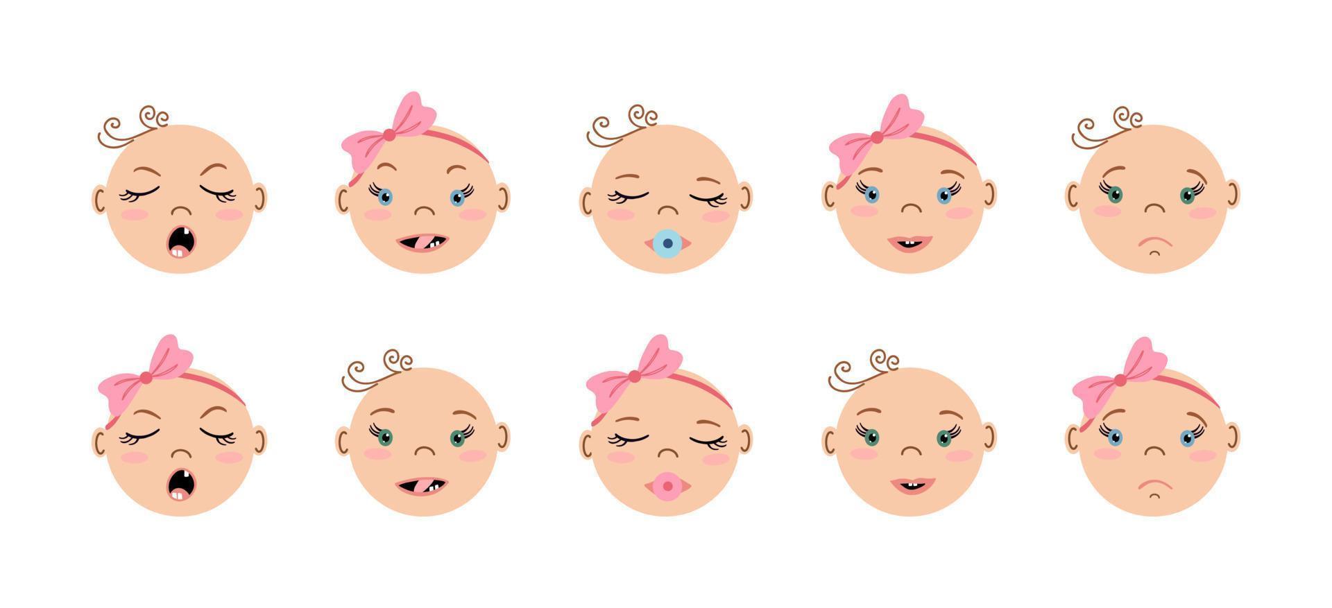 Newborns frontal portraits with different emotions. Set of European or American baby faces. Cute boys and girls. Flat style simple vector illustrations.