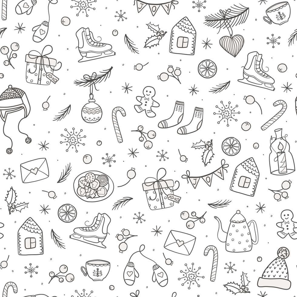 Christmas hand drawn seamless pattern with symbols and icons. Merry Christmas and Happy New Year theme. Winter holidays doodle style black and white background. vector