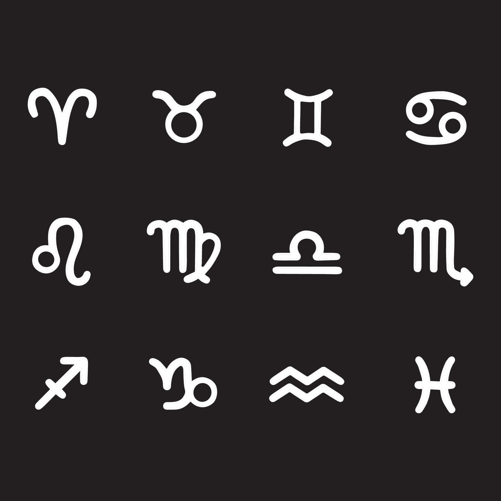 Collection of zodiac signs, simple white line art icons on black