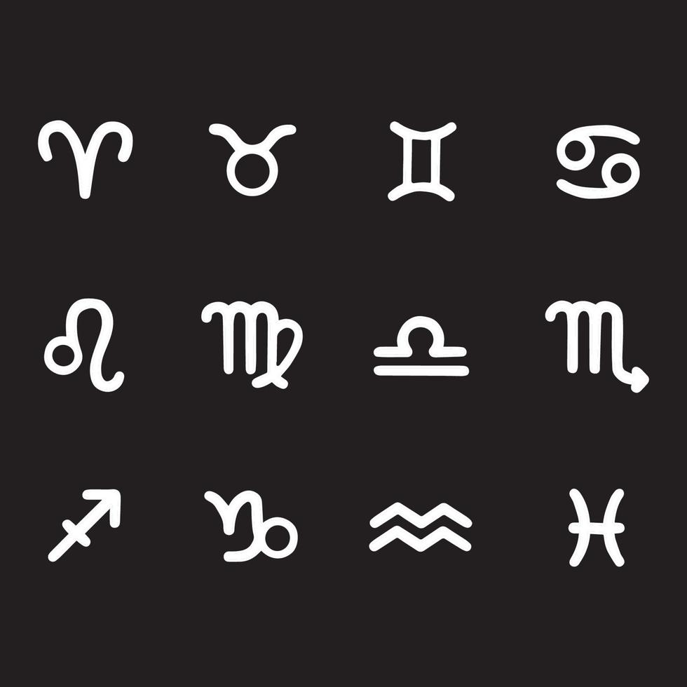 colección de signos del zodiaco, iconos de arte de línea blanca simple sobre fondo negro. ilustración de vector plano que contiene símbolos de horóscopo fáciles de usar para decorar.