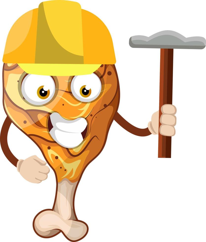 Fried chicken leg as a construction worker, illustration, vector on white background.