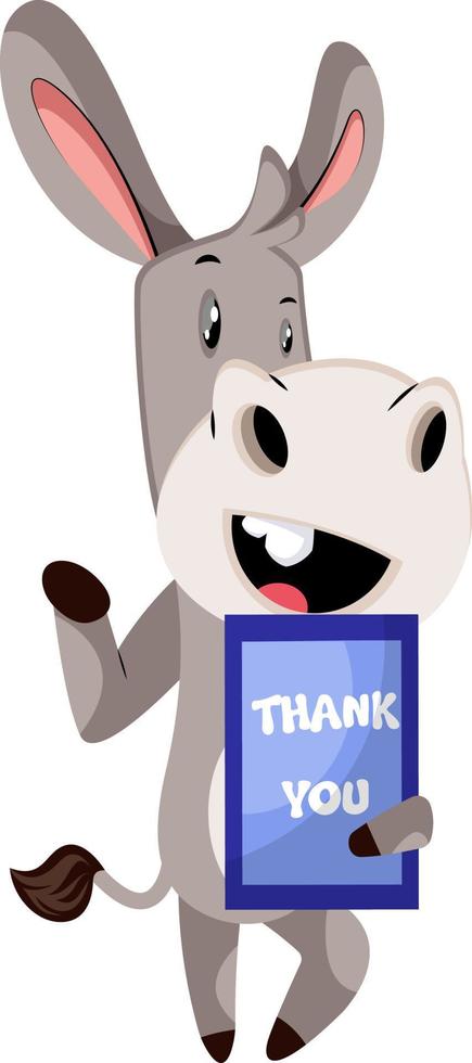 Donkey with thank you sign, illustration, vector on white background.