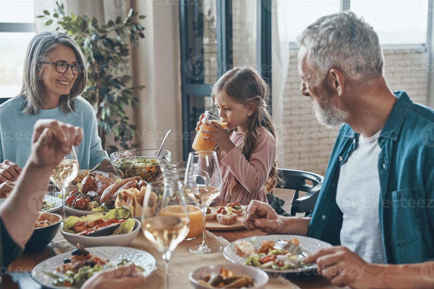 Beautiful multi-generation family communicating and smiling while having dinner together photo