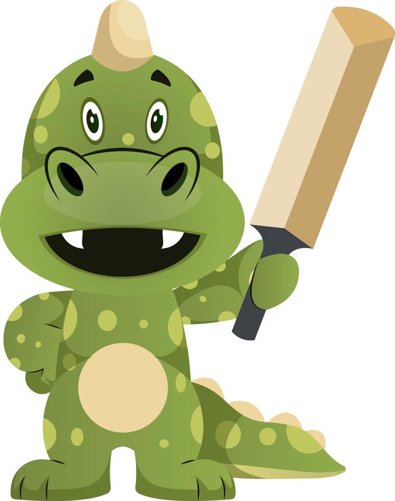 Green dragon is holding baseballl bat, illustration, vector on white background.