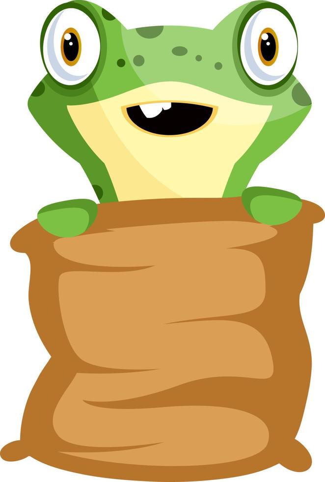 Cheerful baby frog holding a pillow, illustration, vector on white background.