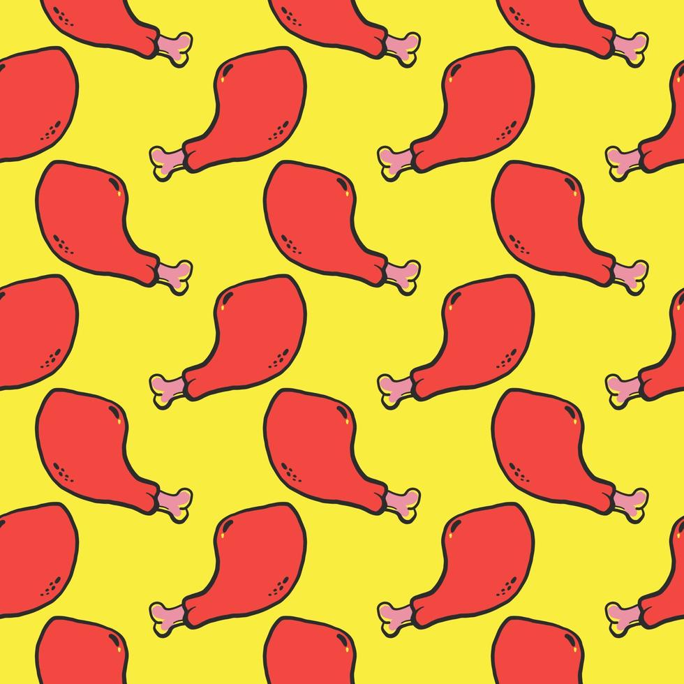 muslos de pollo frito, patrón sin costuras sobre fondo amarillo. vector